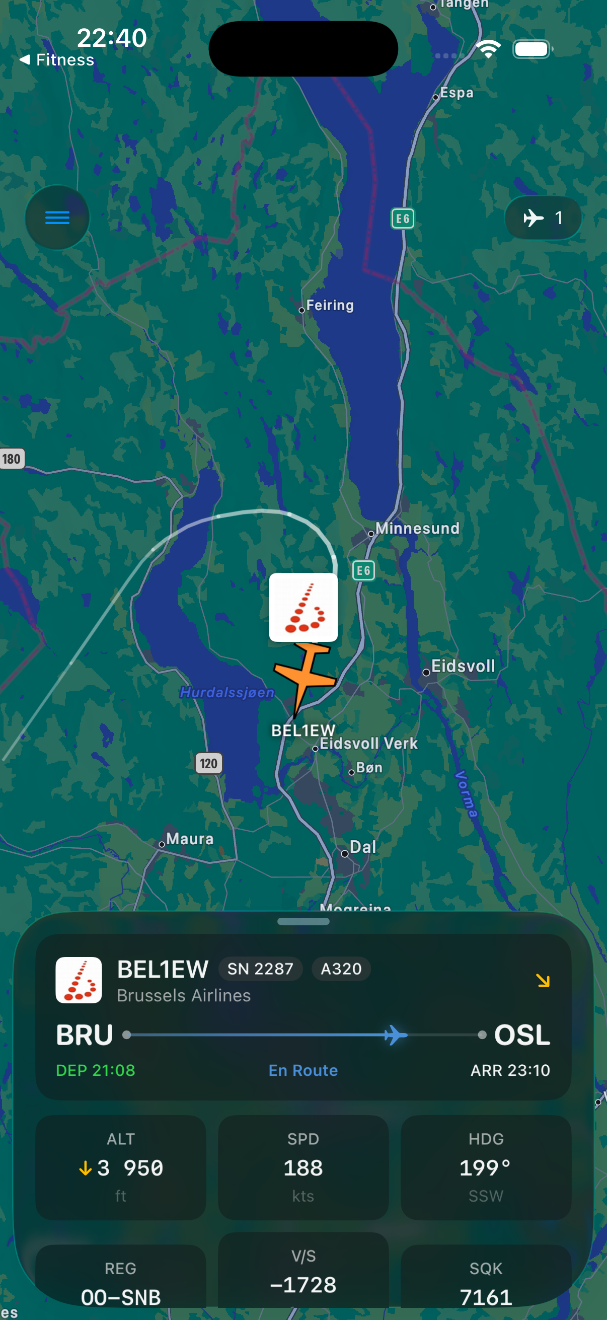 Flight detail view showing route and aircraft information