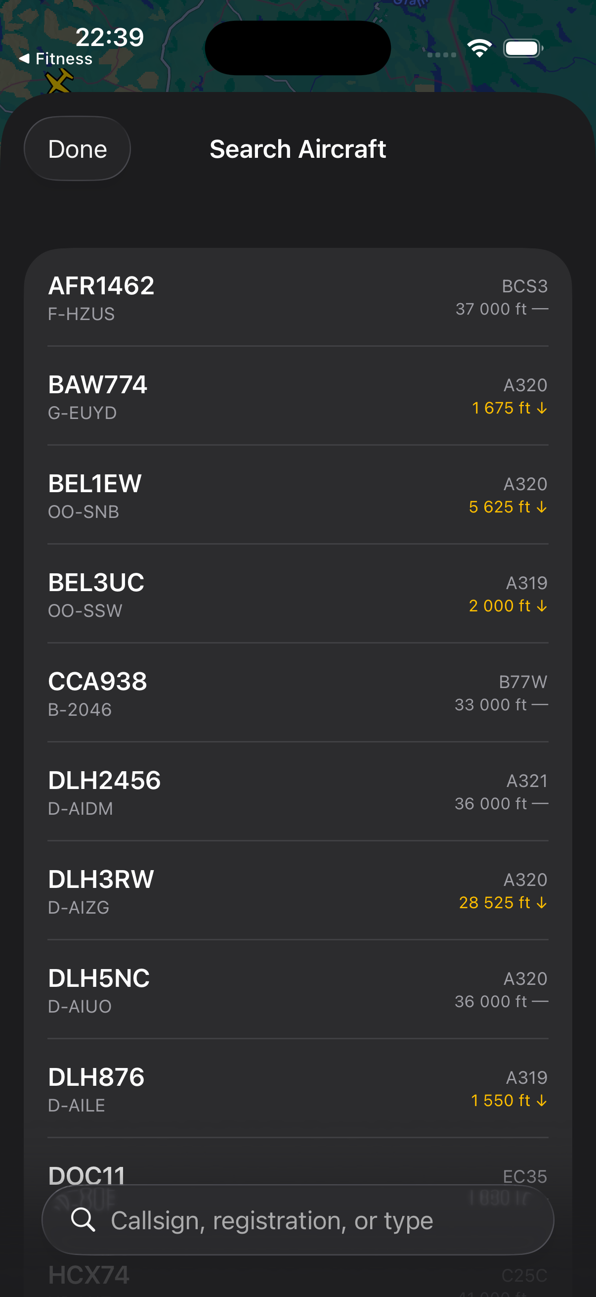 Search view for finding flights