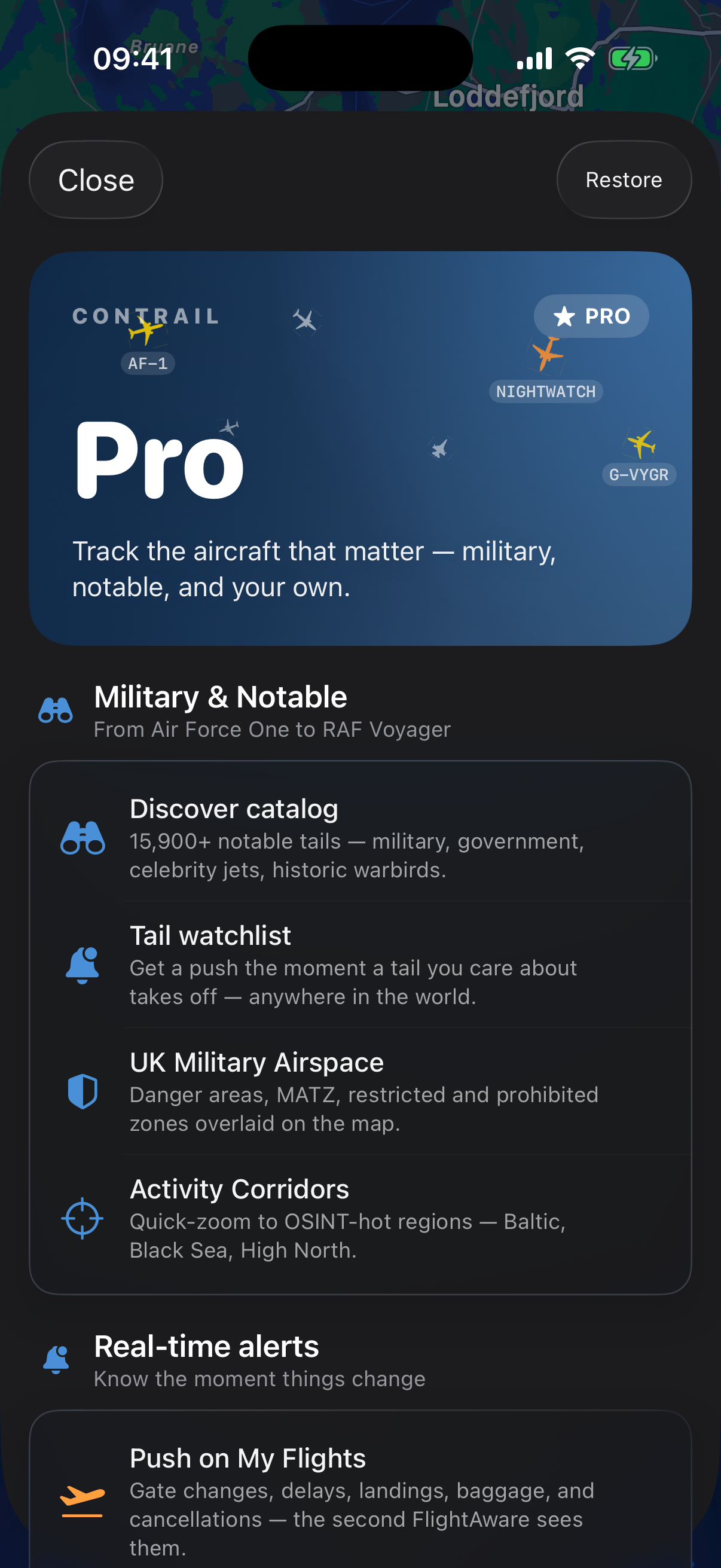 Contrail Pro upgrade screen showing notable-aircraft features
