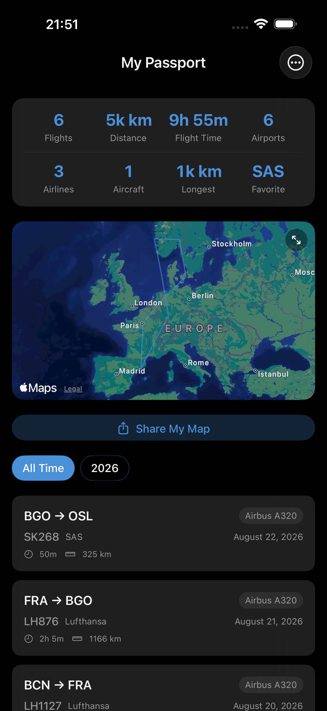 Contrail Passport on iPhone with example flight statistics, a route map and past journeys