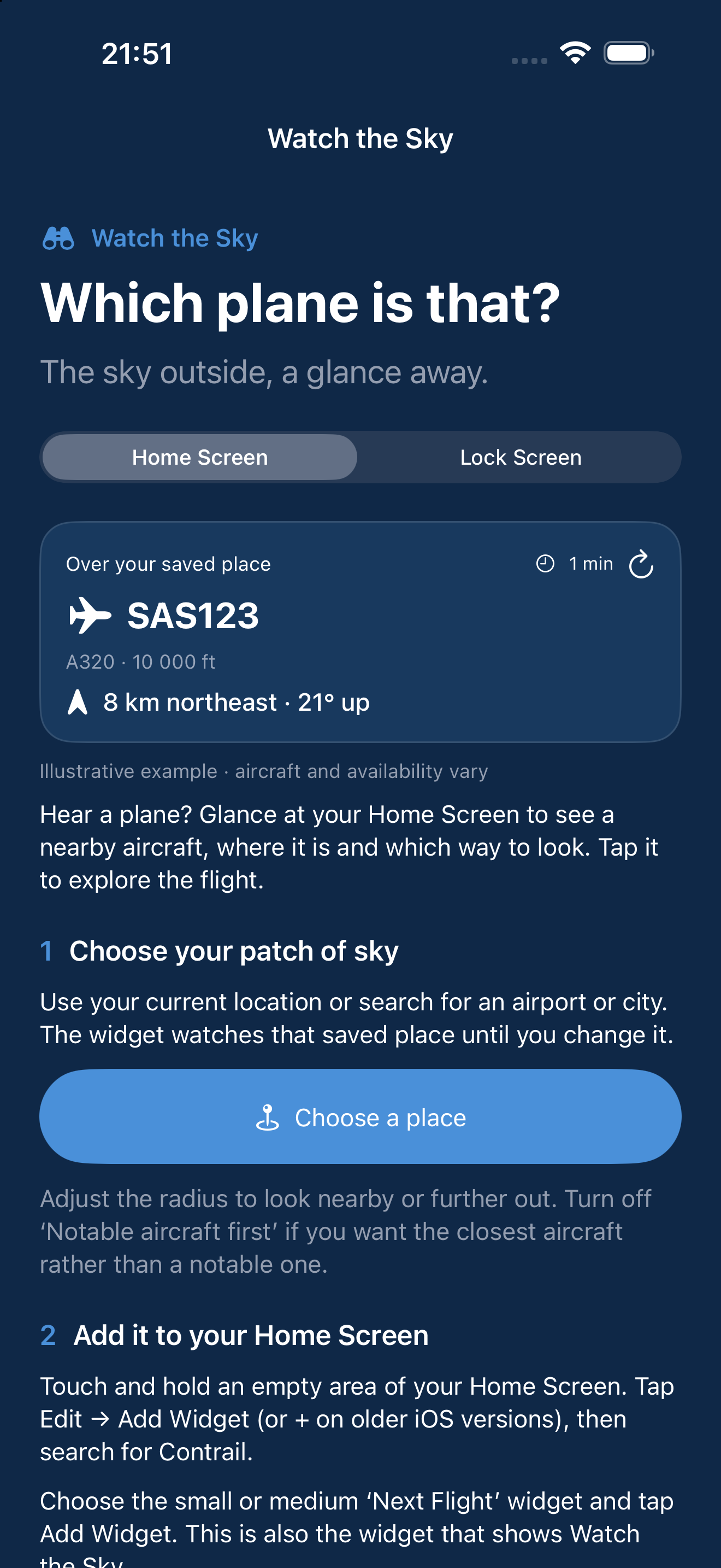 Contrail’s iPhone widget guide showing an illustrative aircraft, distance, direction and viewing angle
